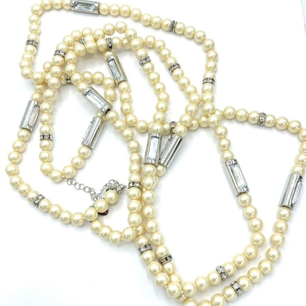LIA SOPHIA LATE 80s VINTAGE IVORY FAUX PEARL SILVER-TONE RHINESTONE 73"NECKLACE